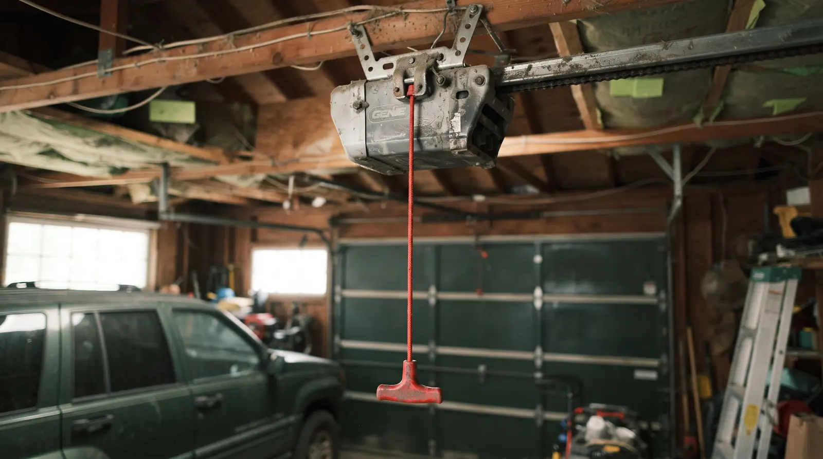 Red emergency release cord hanging from a garage door opener trolley