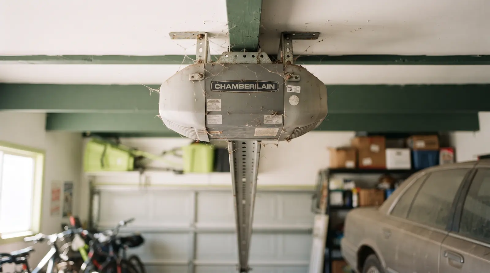 Garage door opener motor unit mounted on the ceiling with the rail below
