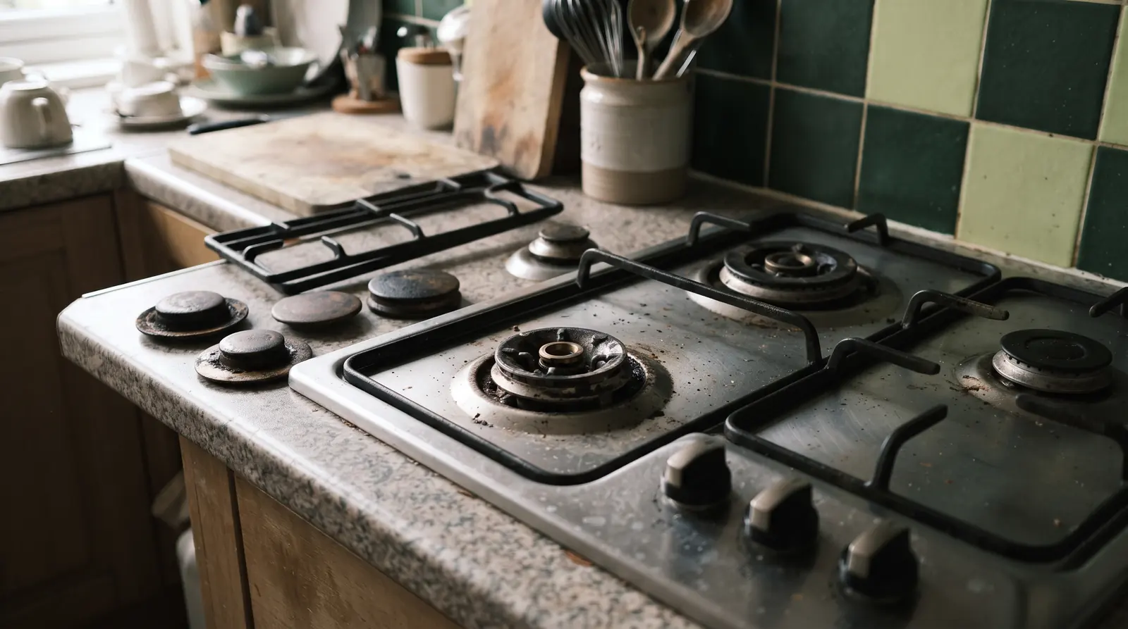 Burner caps removed from a gas hob for cleaning