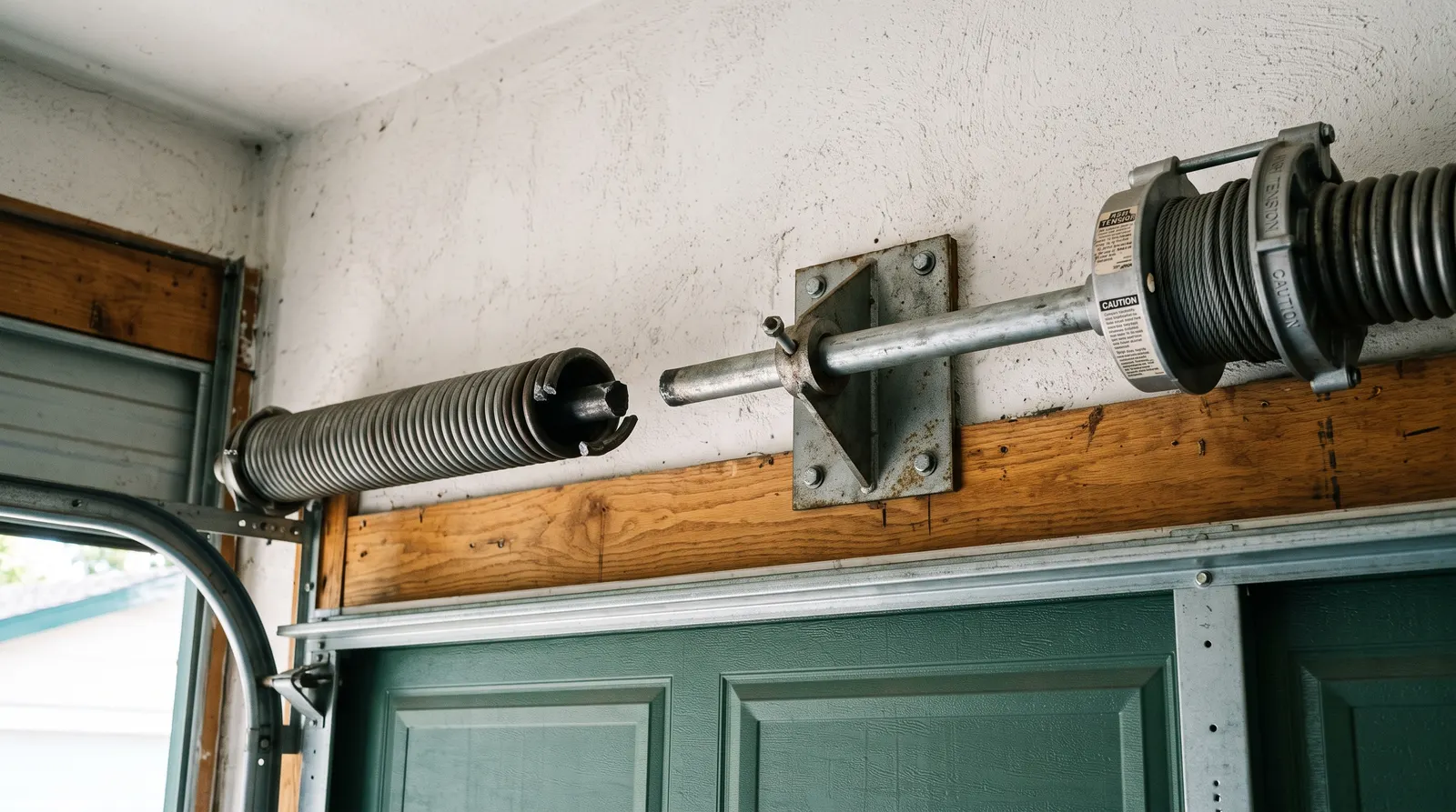 Torsion spring on a garage door header with a clean gap where a coil has snapped