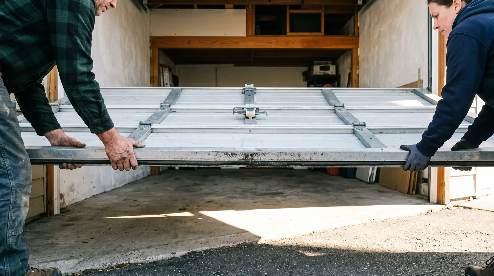 Two hands lifting a disengaged garage door evenly by the bottom panel