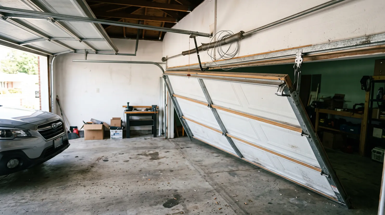 Garage door panel skewed with rollers out of the horizontal track
