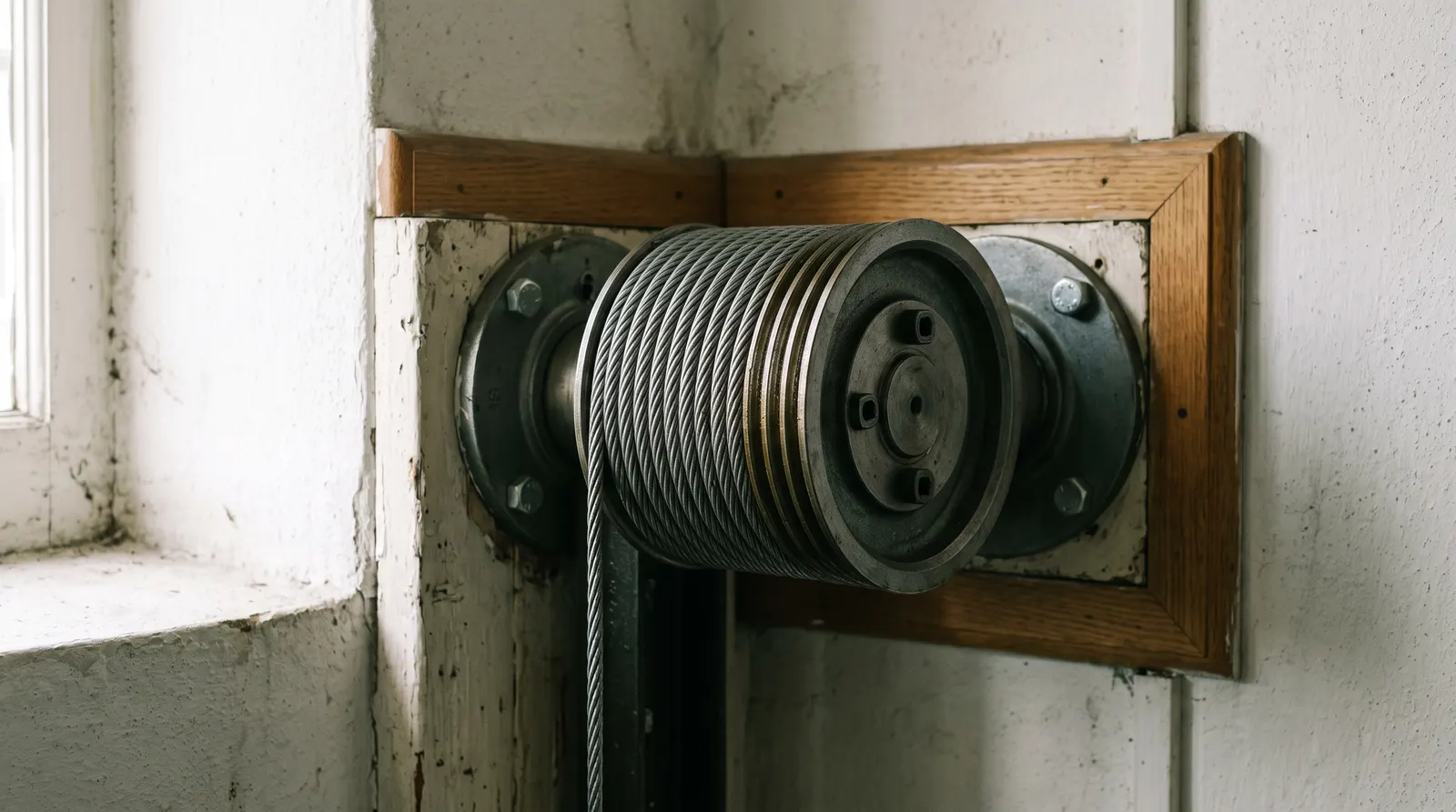 Lift cable wound on its drum at the end of a torsion shaft