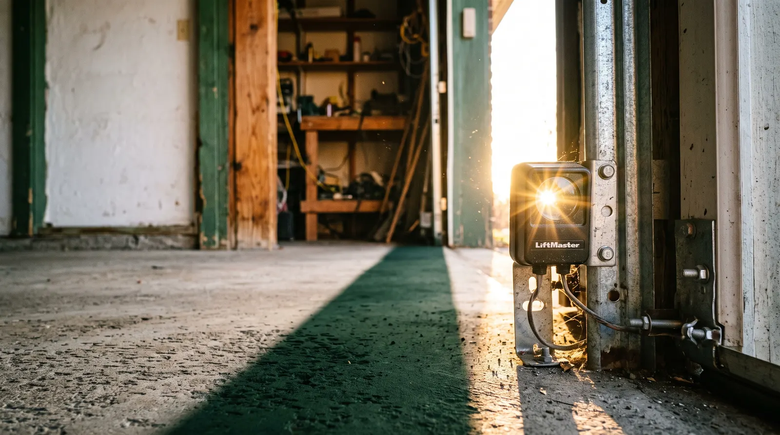 Low sun striking a garage door photo-eye lens directly through the open bay