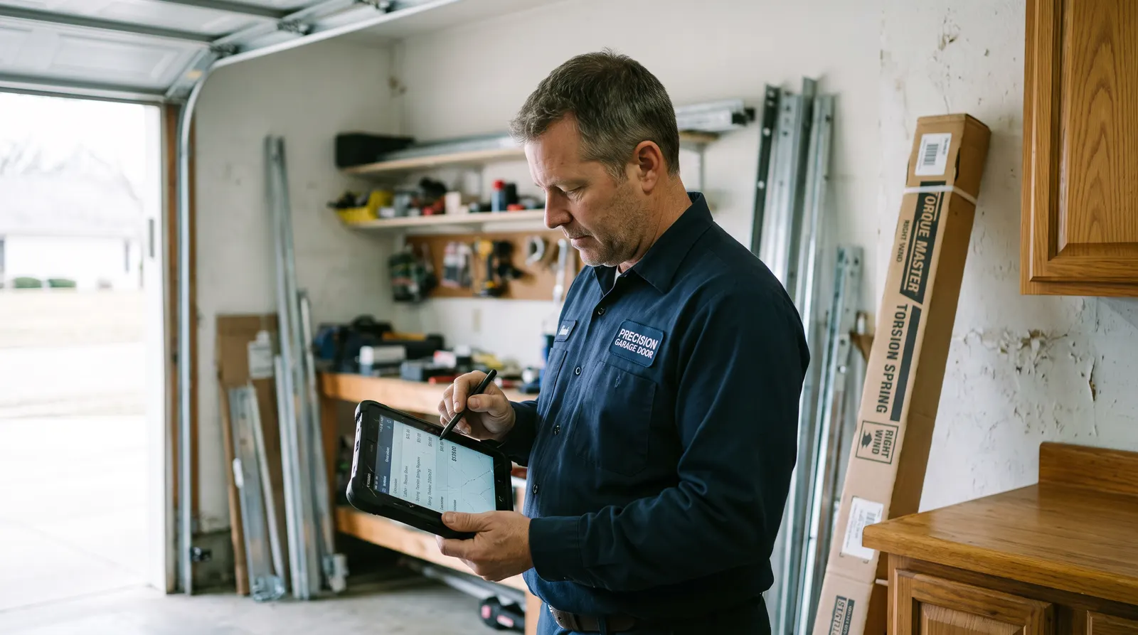 Garage door technician writing an itemised quote on a tablet by an open bay