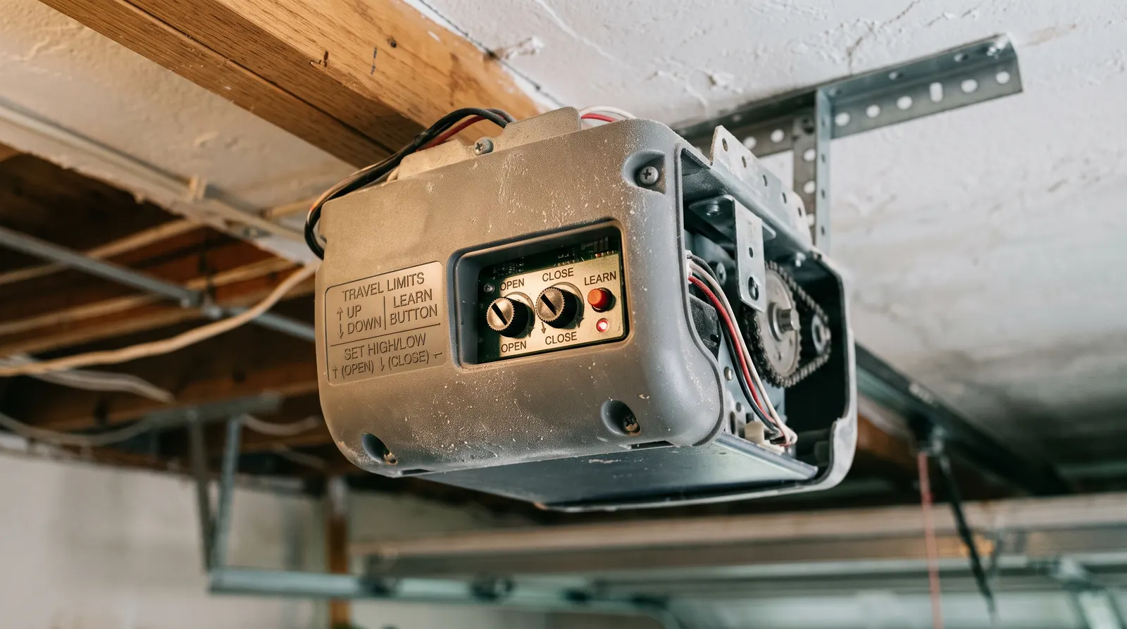 Garage door opener motor head with the light lens removed showing limit dials