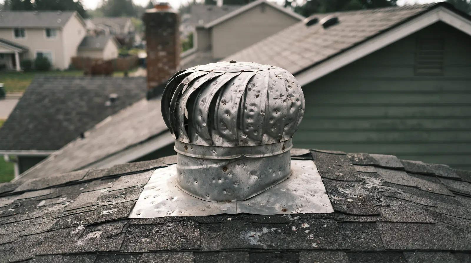 Dented metal roof vent after a hailstorm