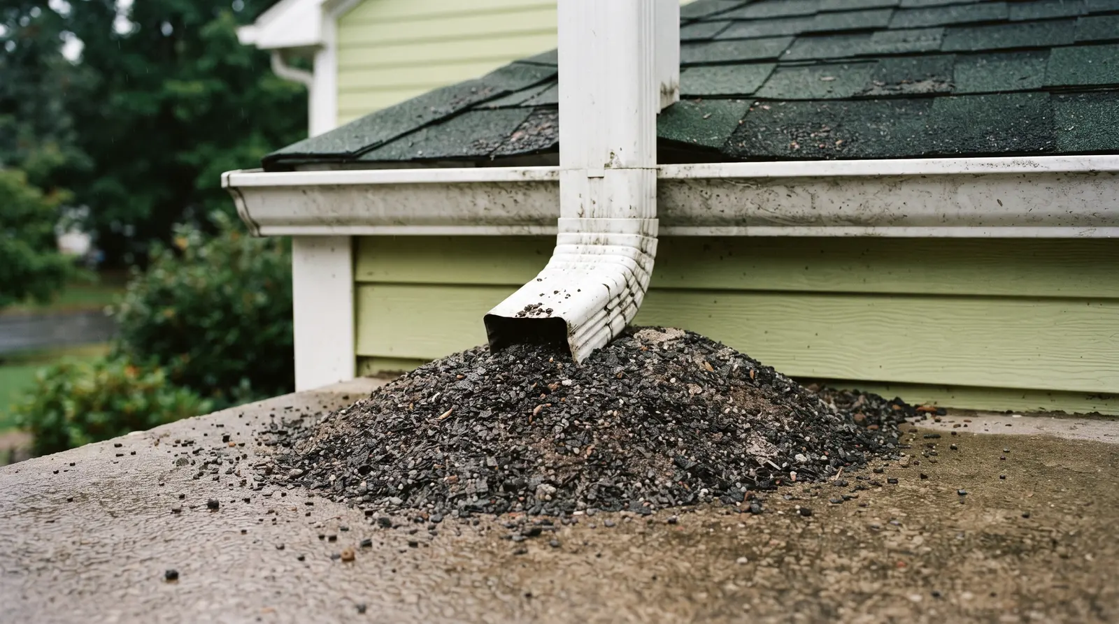 Shingle granules collected at a downspout outlet after a hailstorm