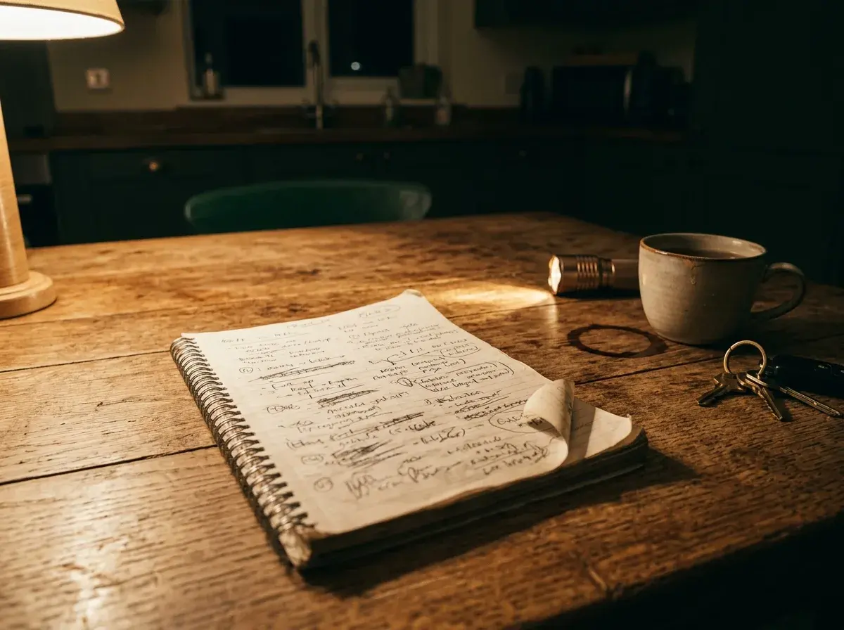 Night kitchen table with a notepad, torch and keys during a home emergency