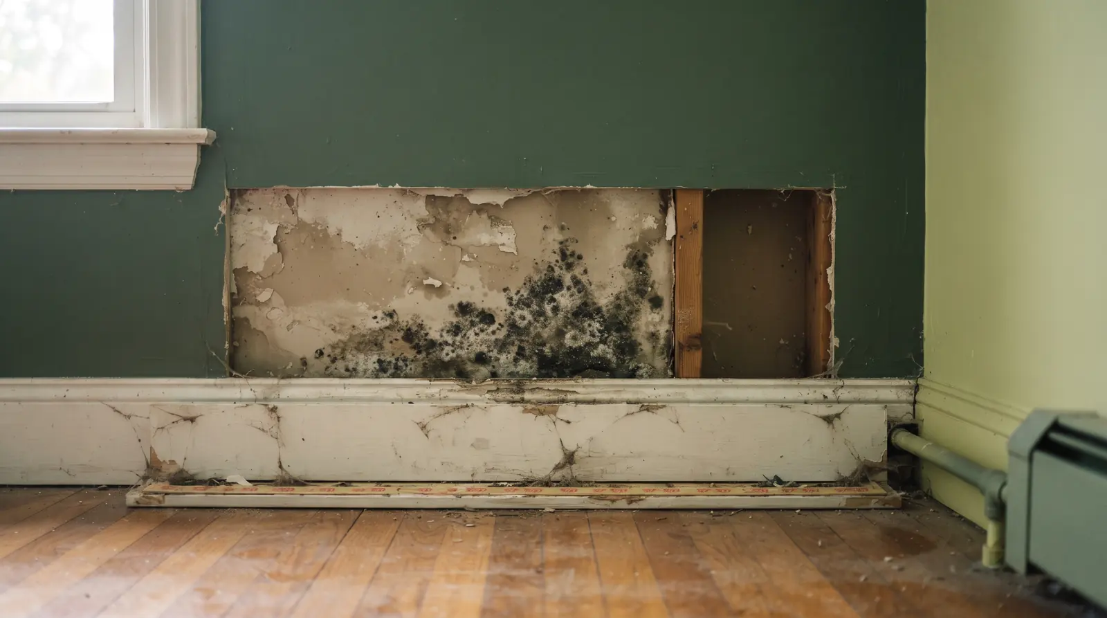Baseboard removed from a wall showing damp drywall behind it
