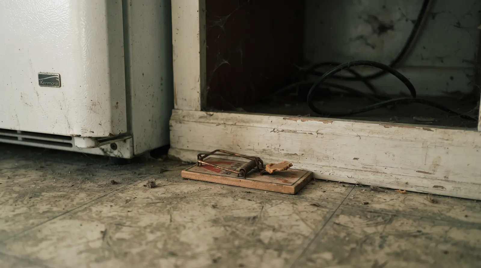 Snap trap set against a baseboard behind a kitchen appliance