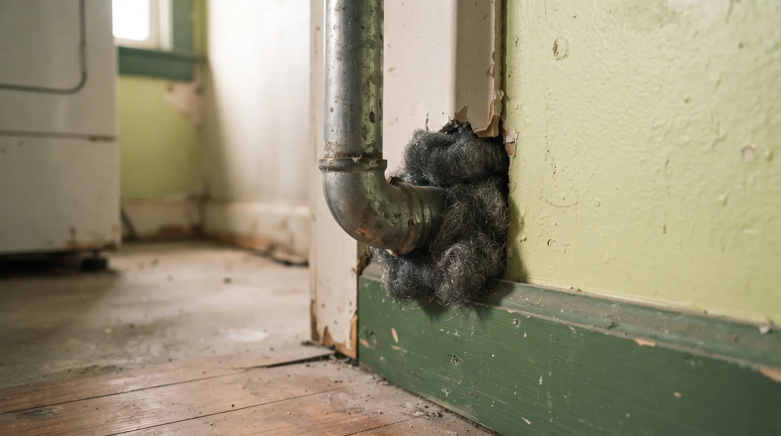 Steel wool packed into a gap around a pipe before sealing