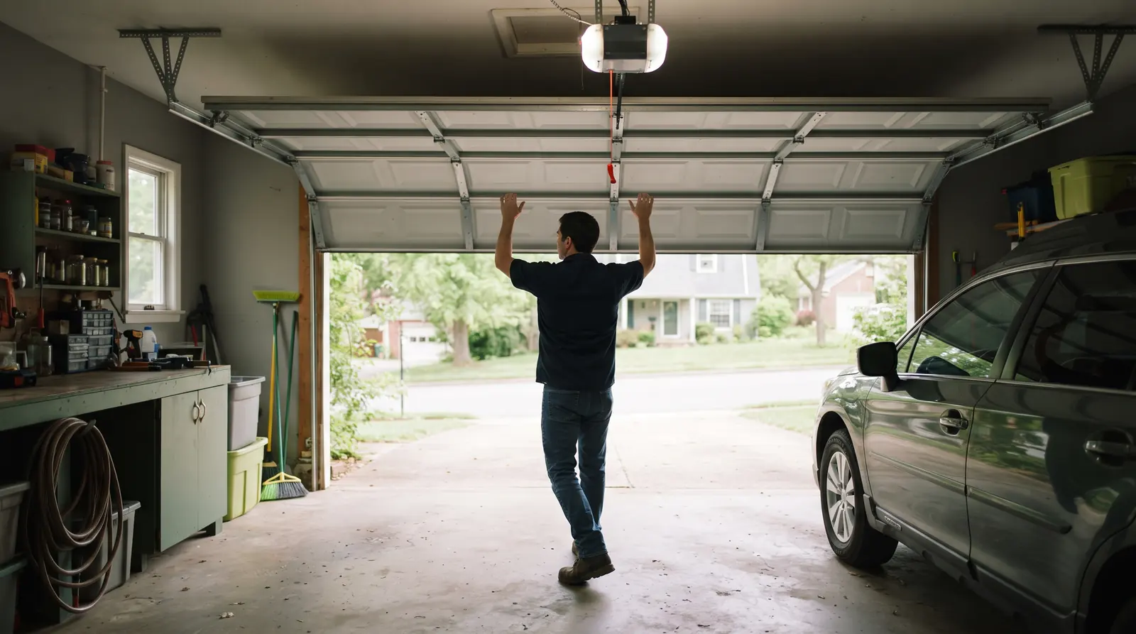 Garage door raised by hand with the opener trolley disconnected