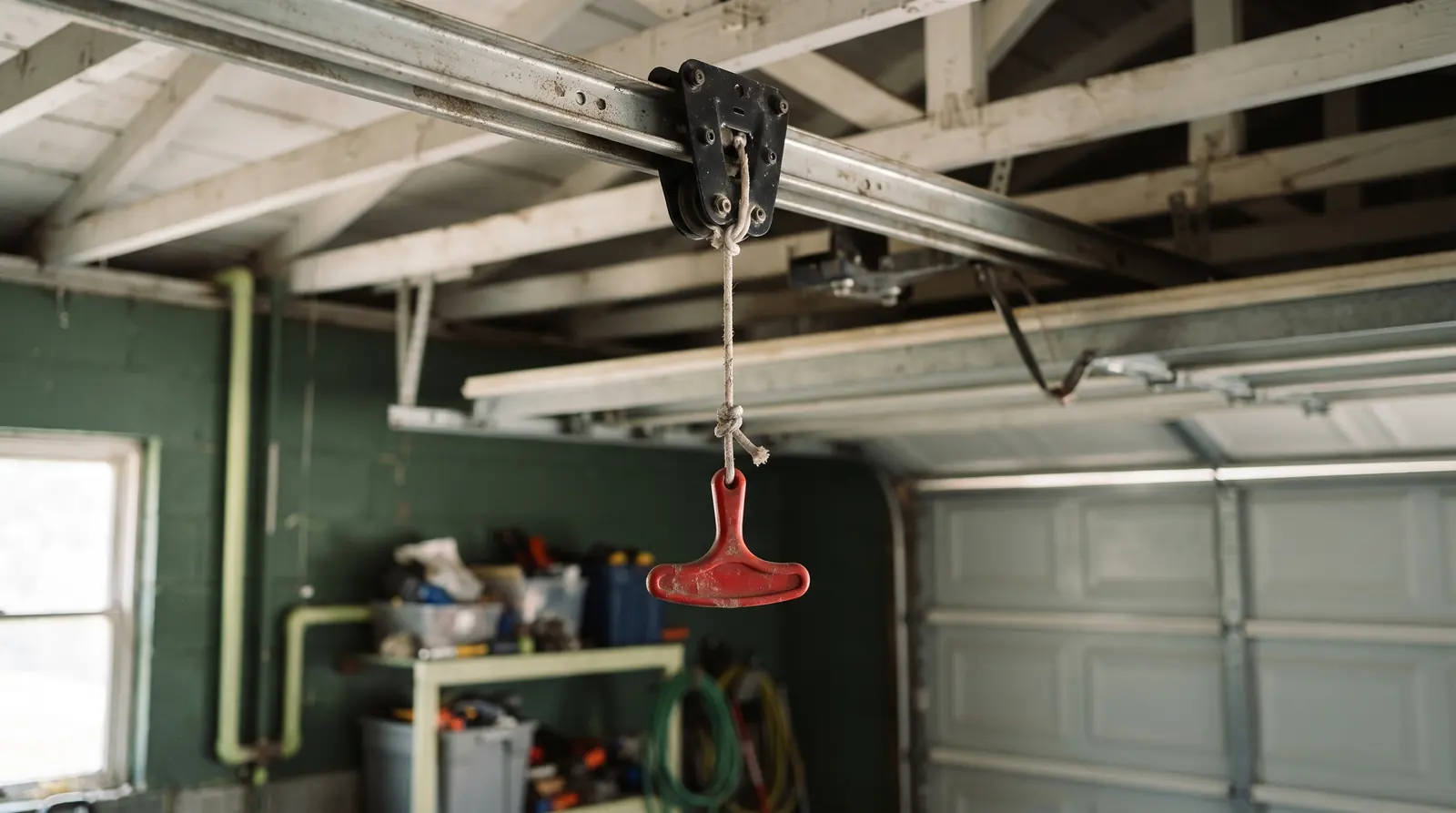 Red emergency release handle hanging from a garage door opener rail