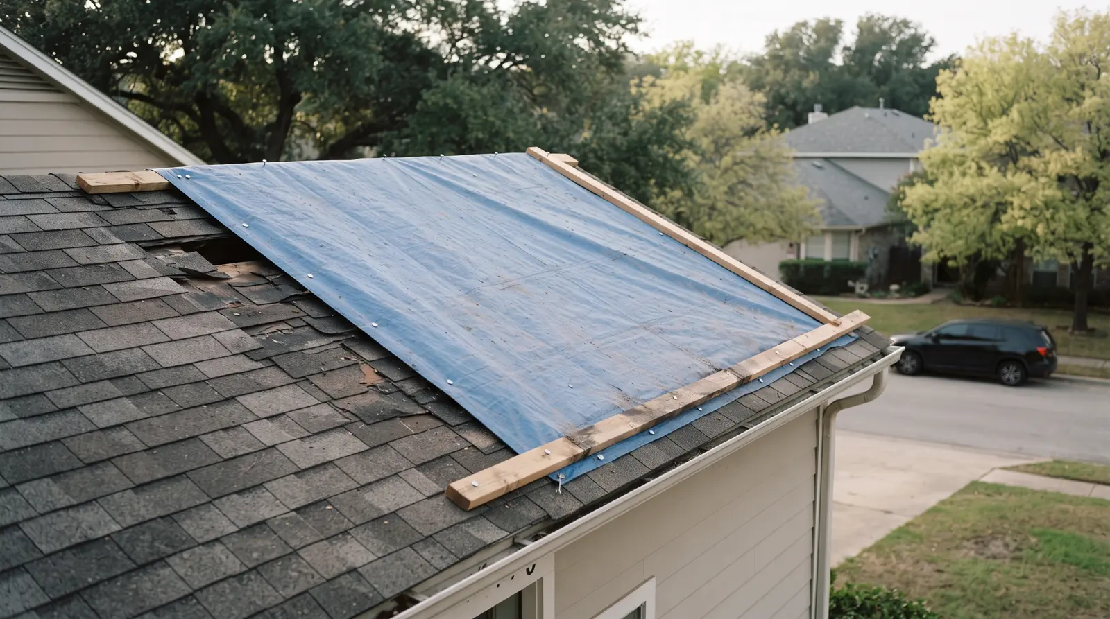 Blue tarp secured across a section of storm damaged roof