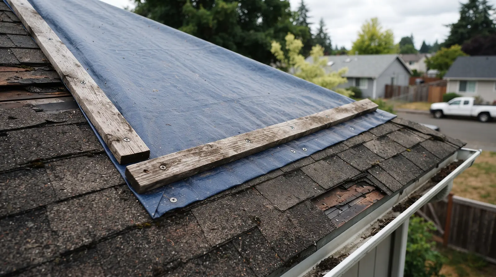 Tarp battened along its edge with furring strips on a residential roof