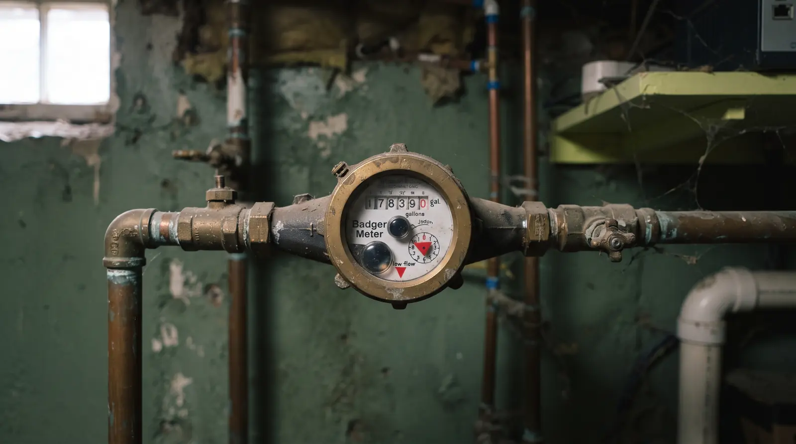 Residential water meter with the low-flow indicator visible