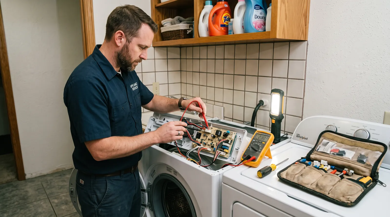 Appliance technician testing a washing machine control board