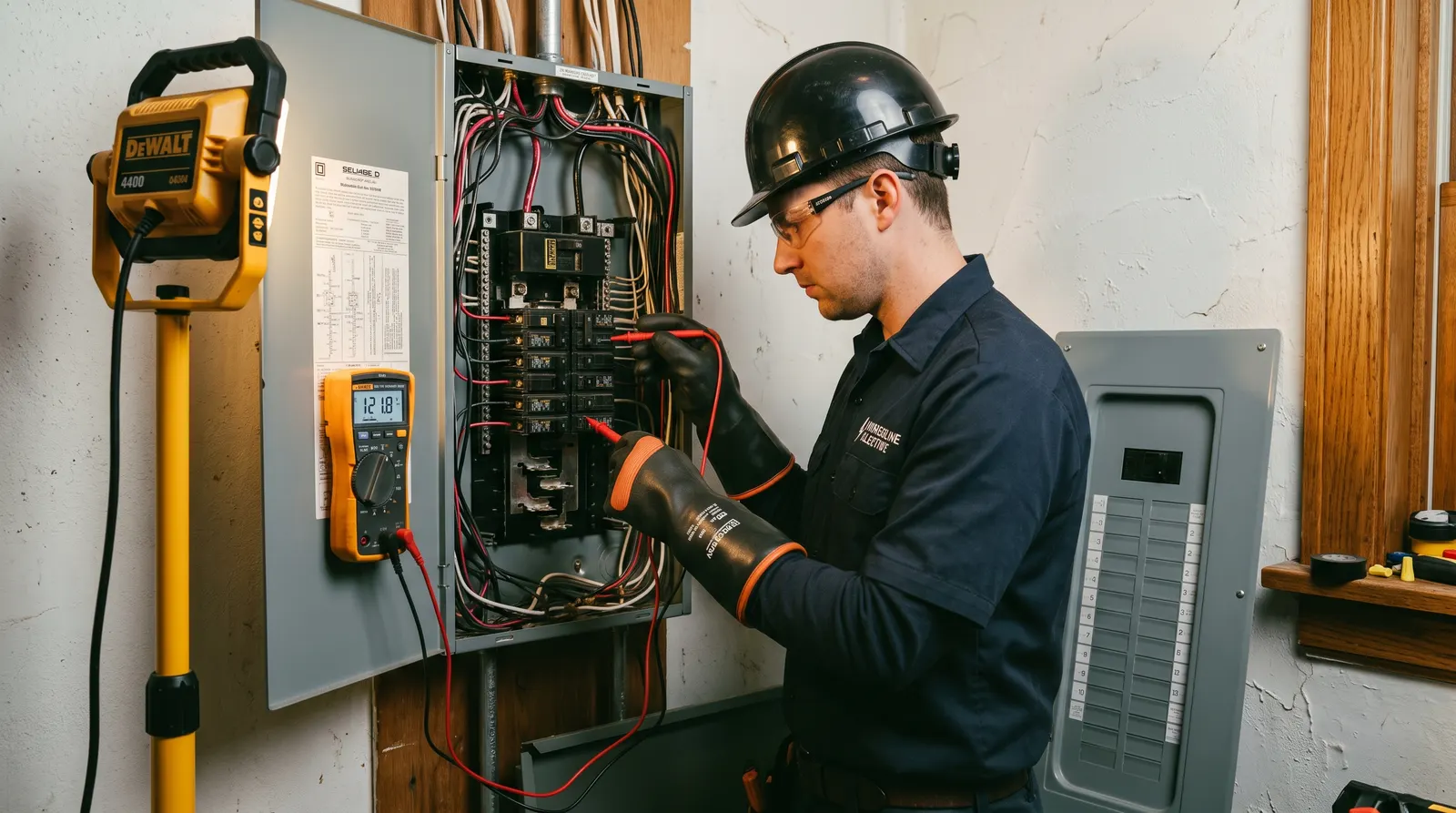 Electrician testing conductors at an open panel with a multimeter