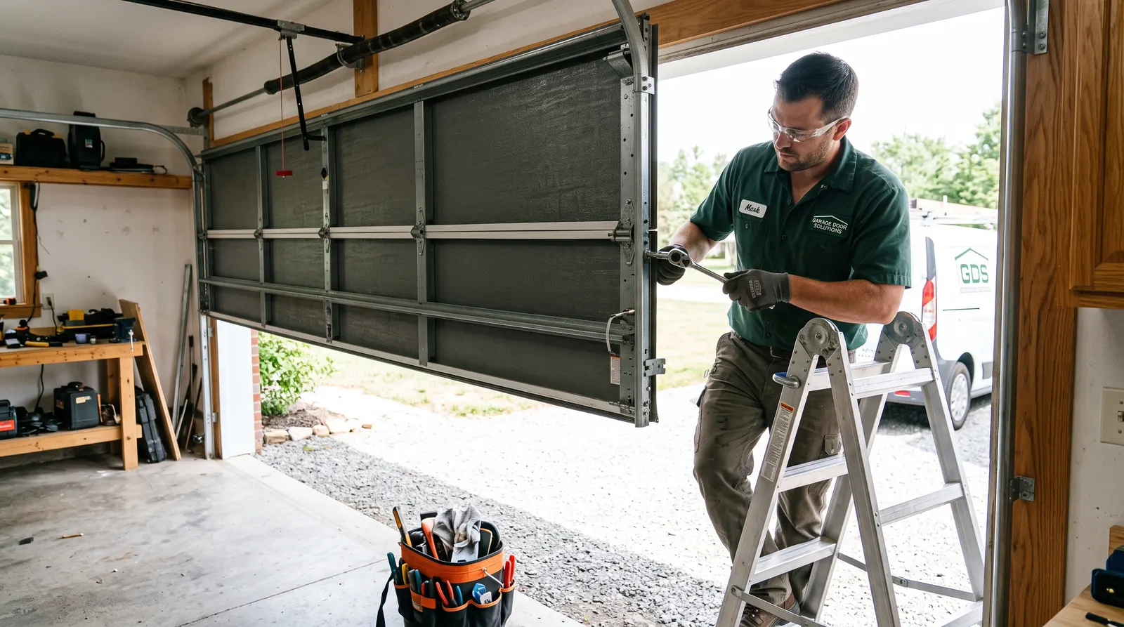 Garage door technician adjusting hardware on an open sectional door