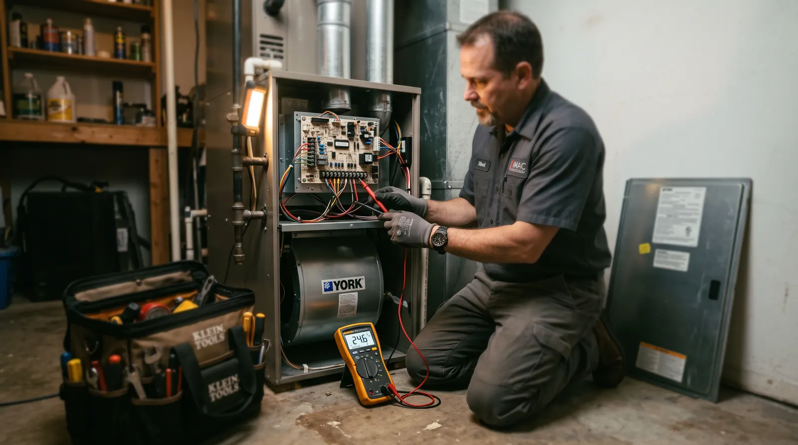 HVAC technician testing a furnace control board with a multimeter
