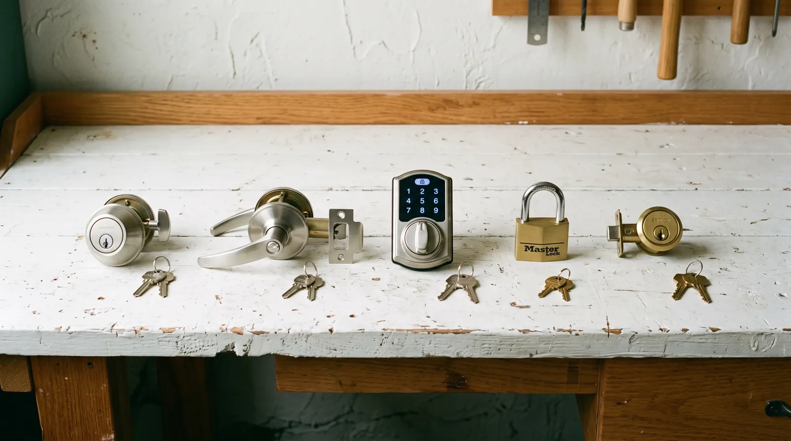 Range of residential lock hardware laid out on a bench