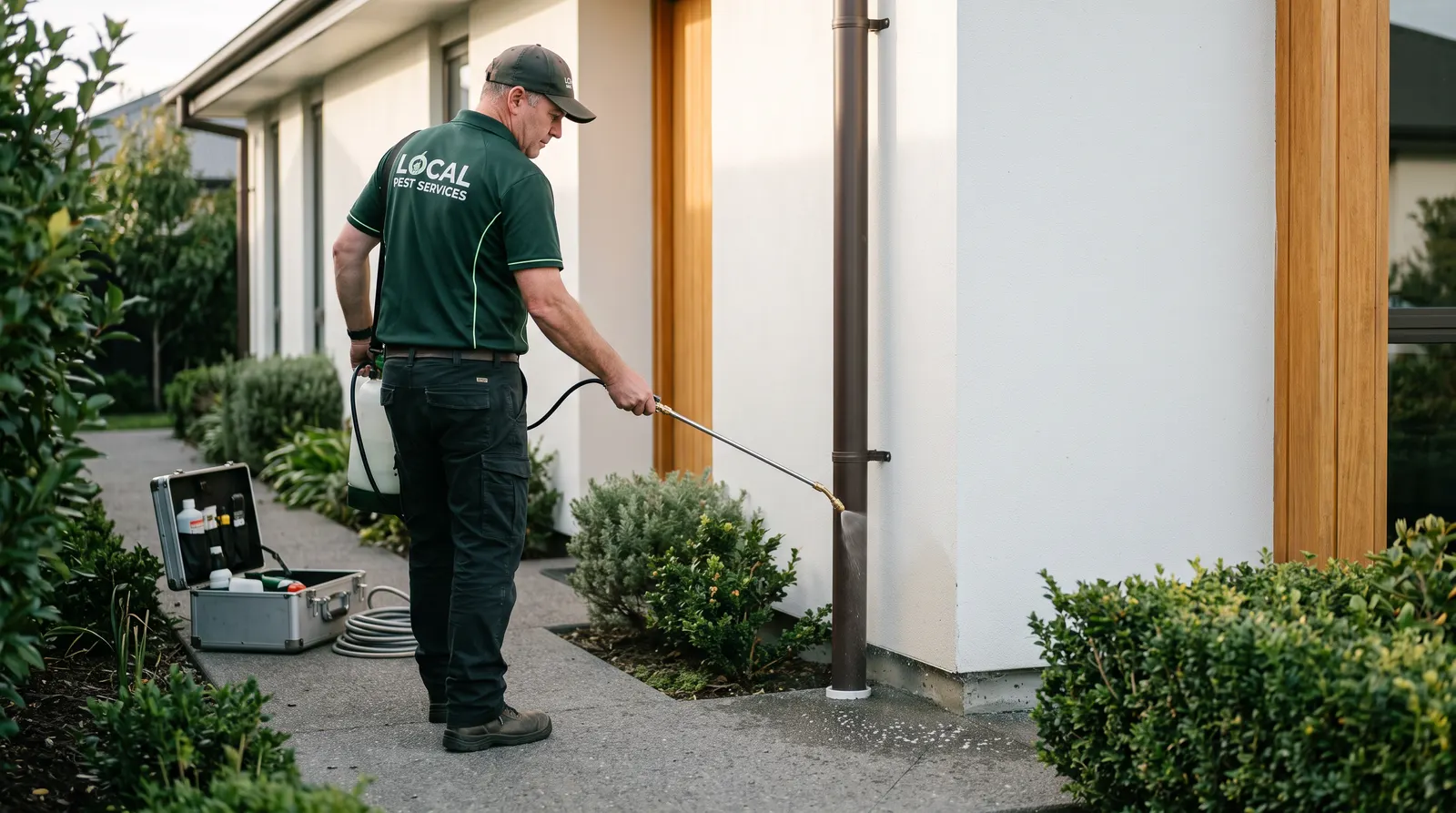 Pest control technician applying a perimeter treatment along a house wall
