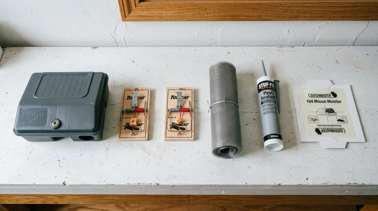 Pest monitoring stations, traps and exclusion mesh laid out on a bench