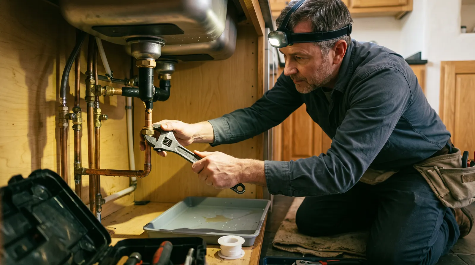 Plumber tightening a compression fitting on a copper line under a sink