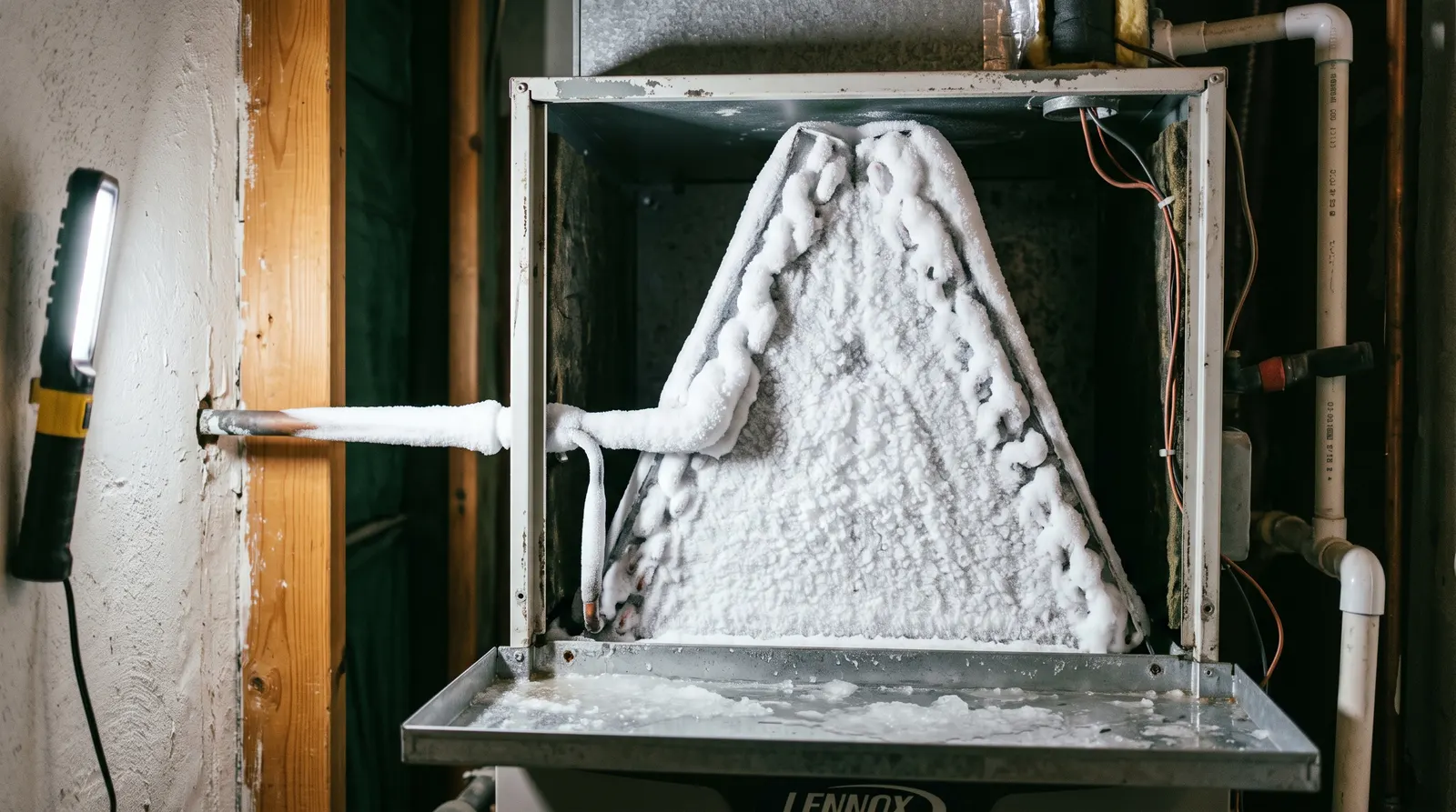 Evaporator coil encased in a solid block of frost inside an open air handler