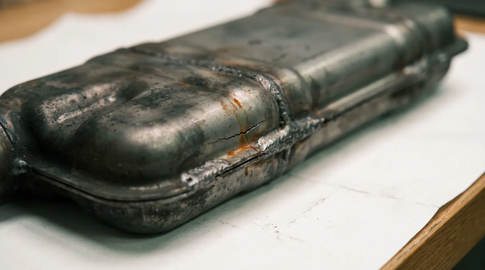 Hairline crack across the welded seam of a furnace heat exchanger cell