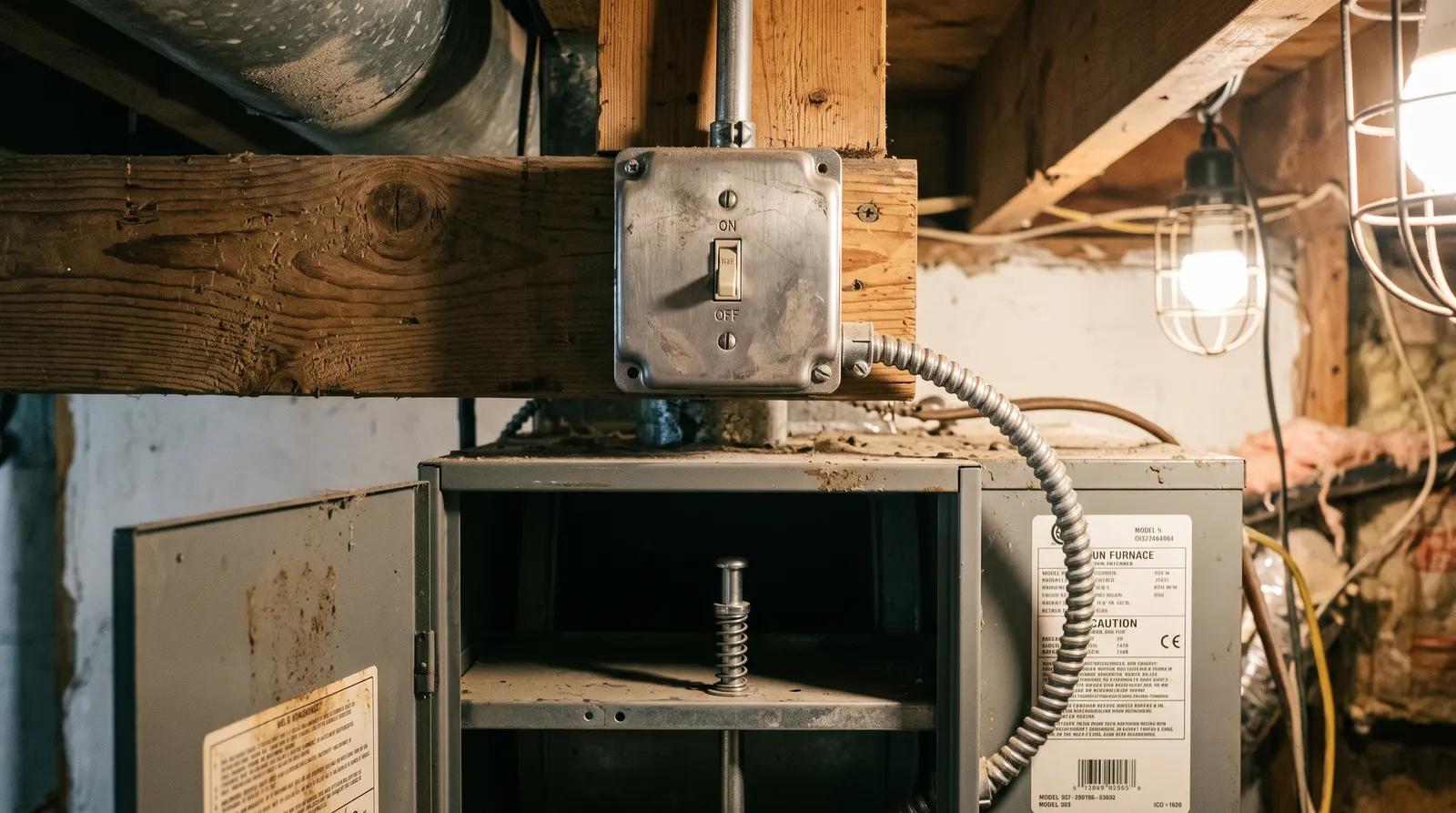 Furnace service switch on a joist beside the blower door safety interlock plunger