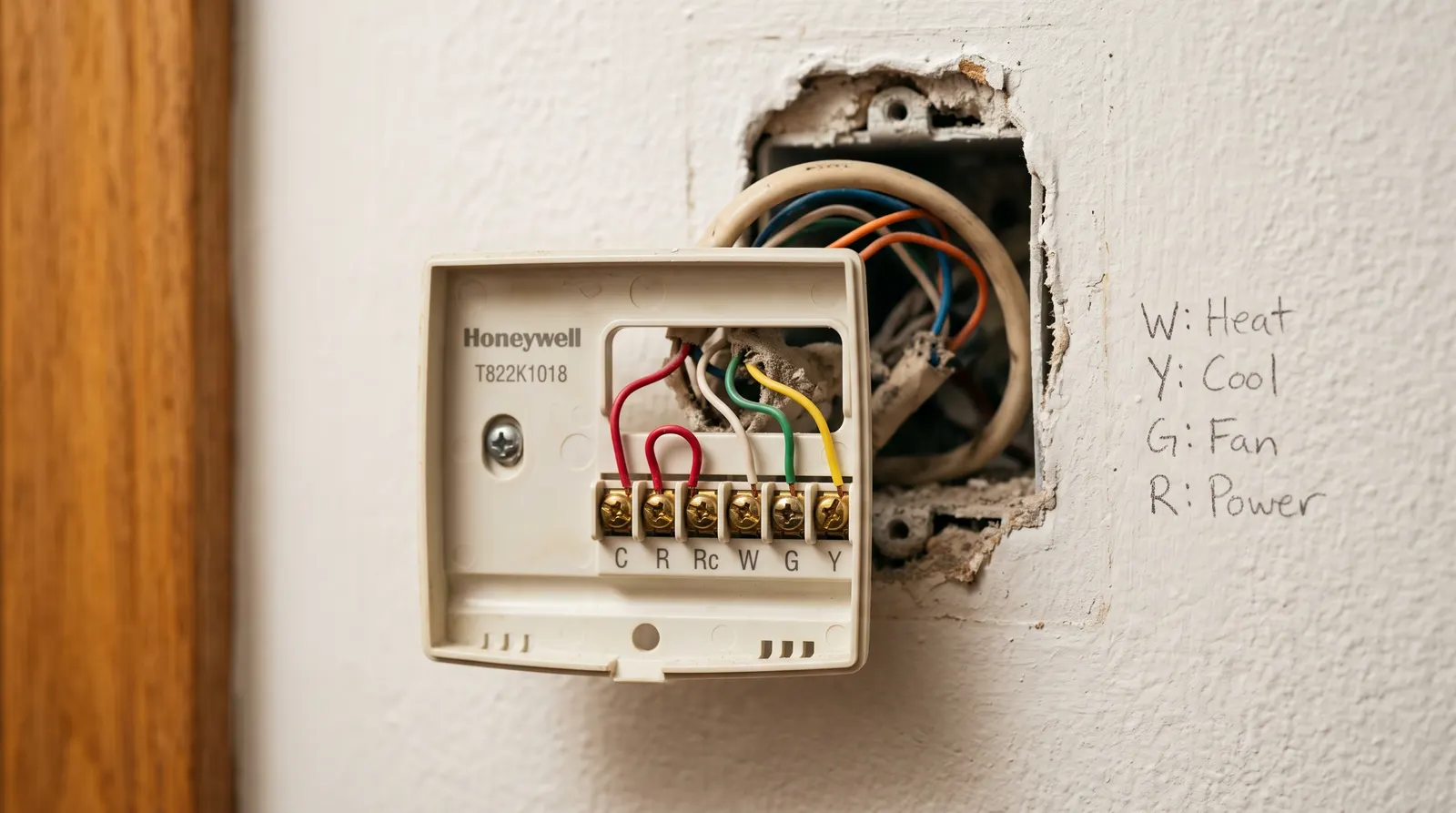 Thermostat subbase with labelled low-voltage wires landed on its terminals