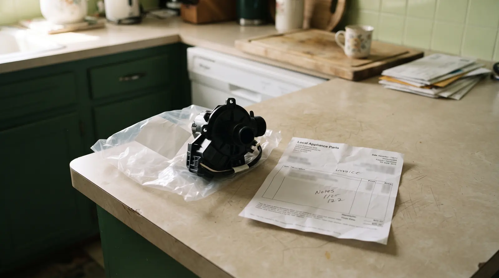Replacement appliance part beside an invoice on a kitchen counter