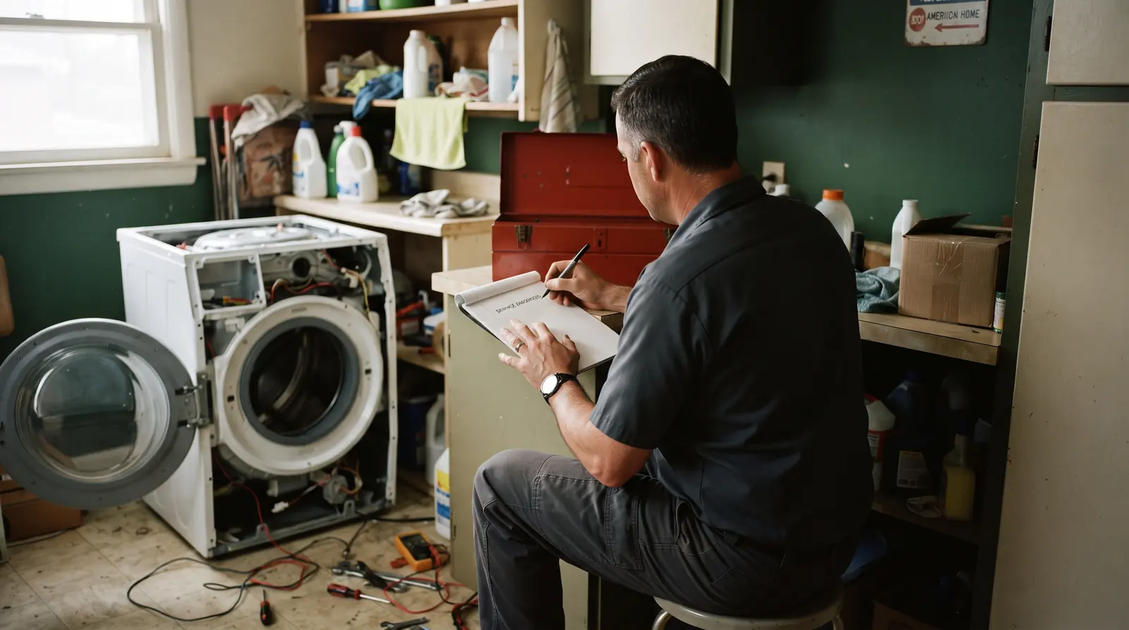 Technician writing up a diagnosis beside an opened appliance