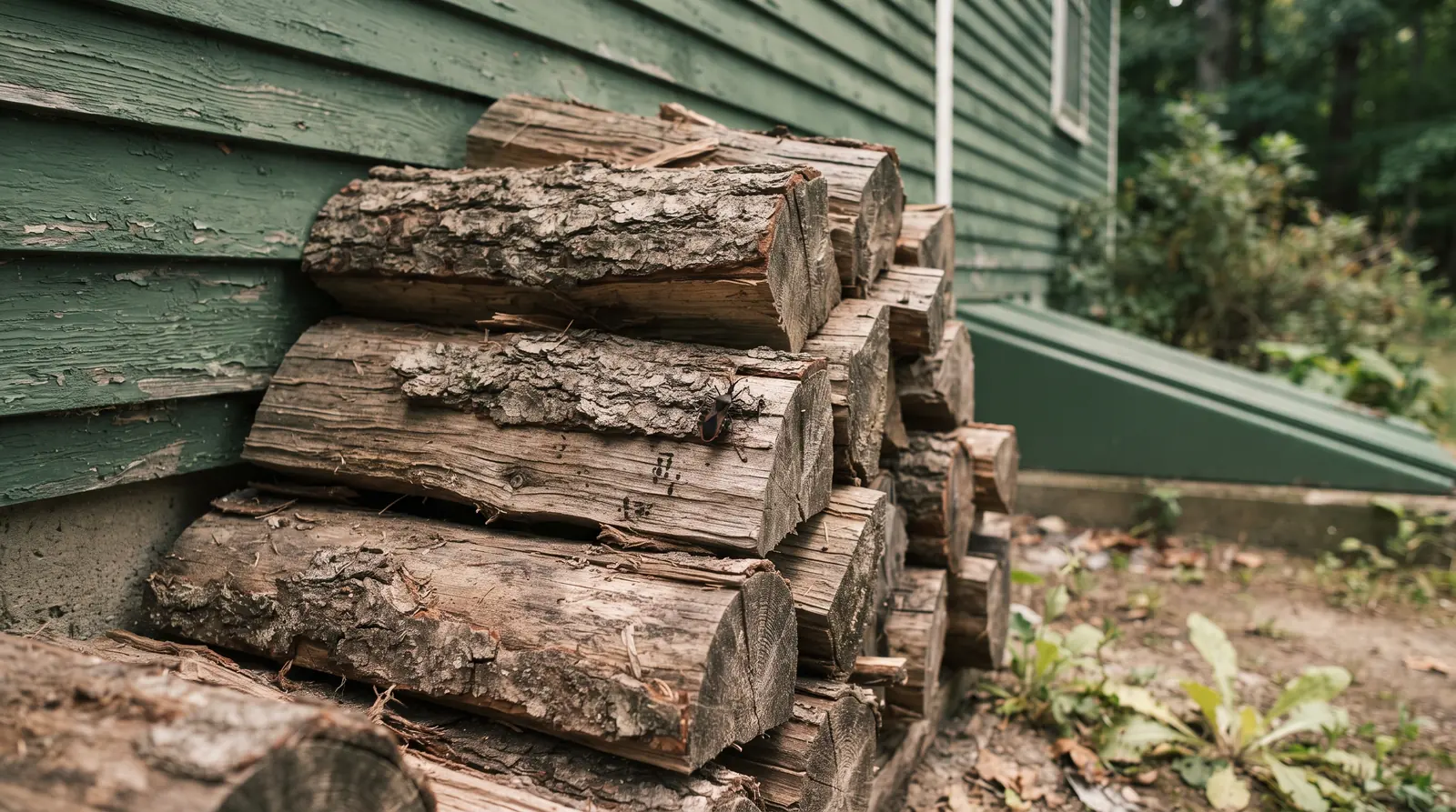 Woodpile stacked against an exterior wall of a rural property