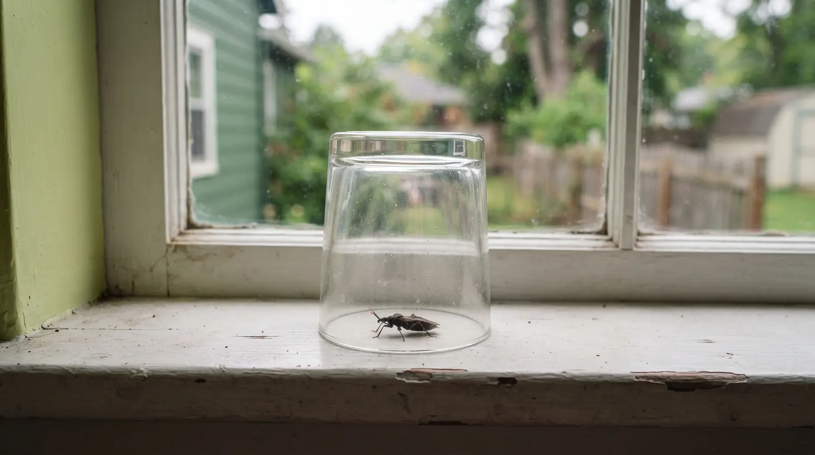 Insect trapped under a clear glass on a windowsill for identification
