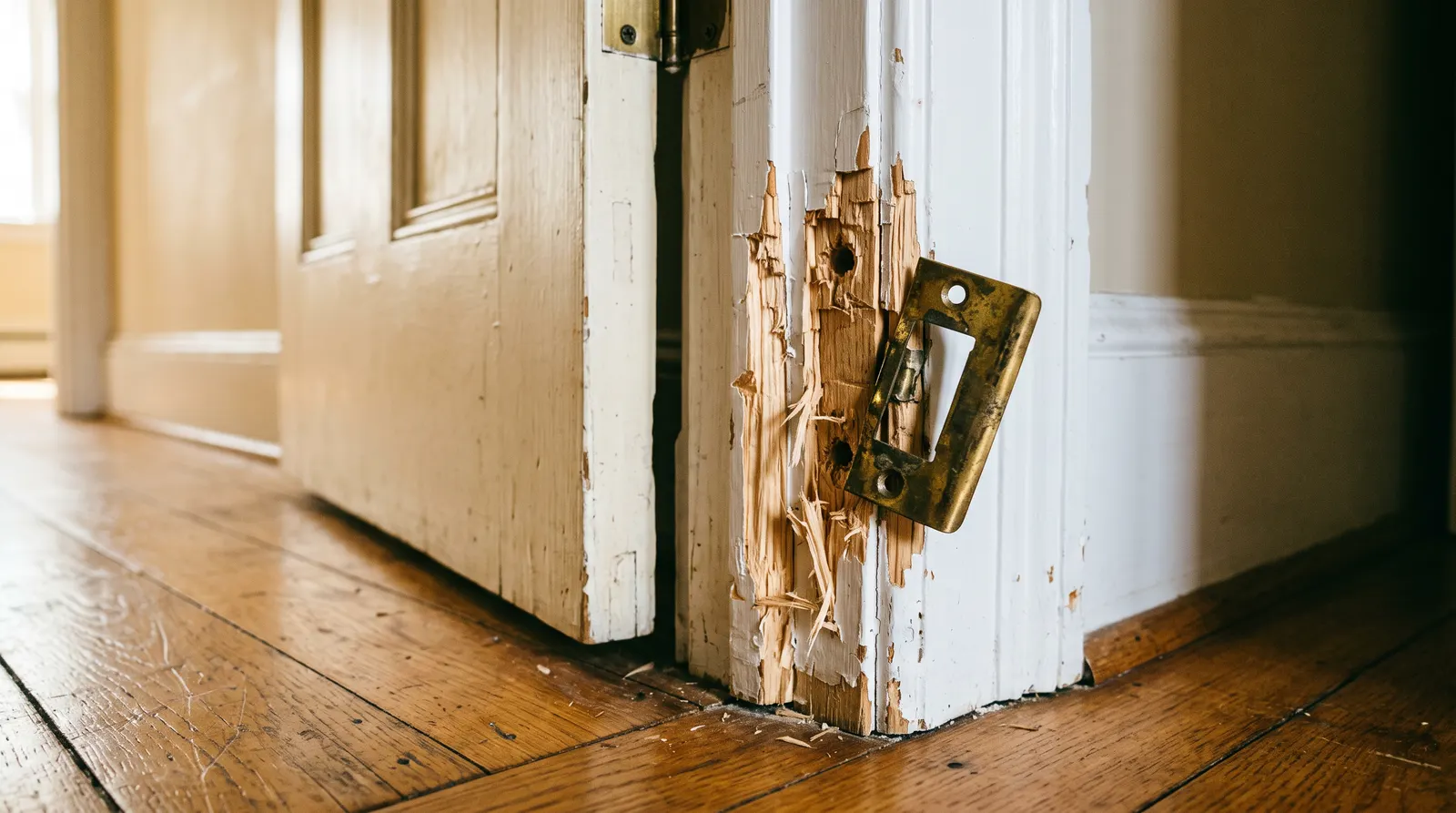 Splintered door jamb and bent strike plate after a forced entry