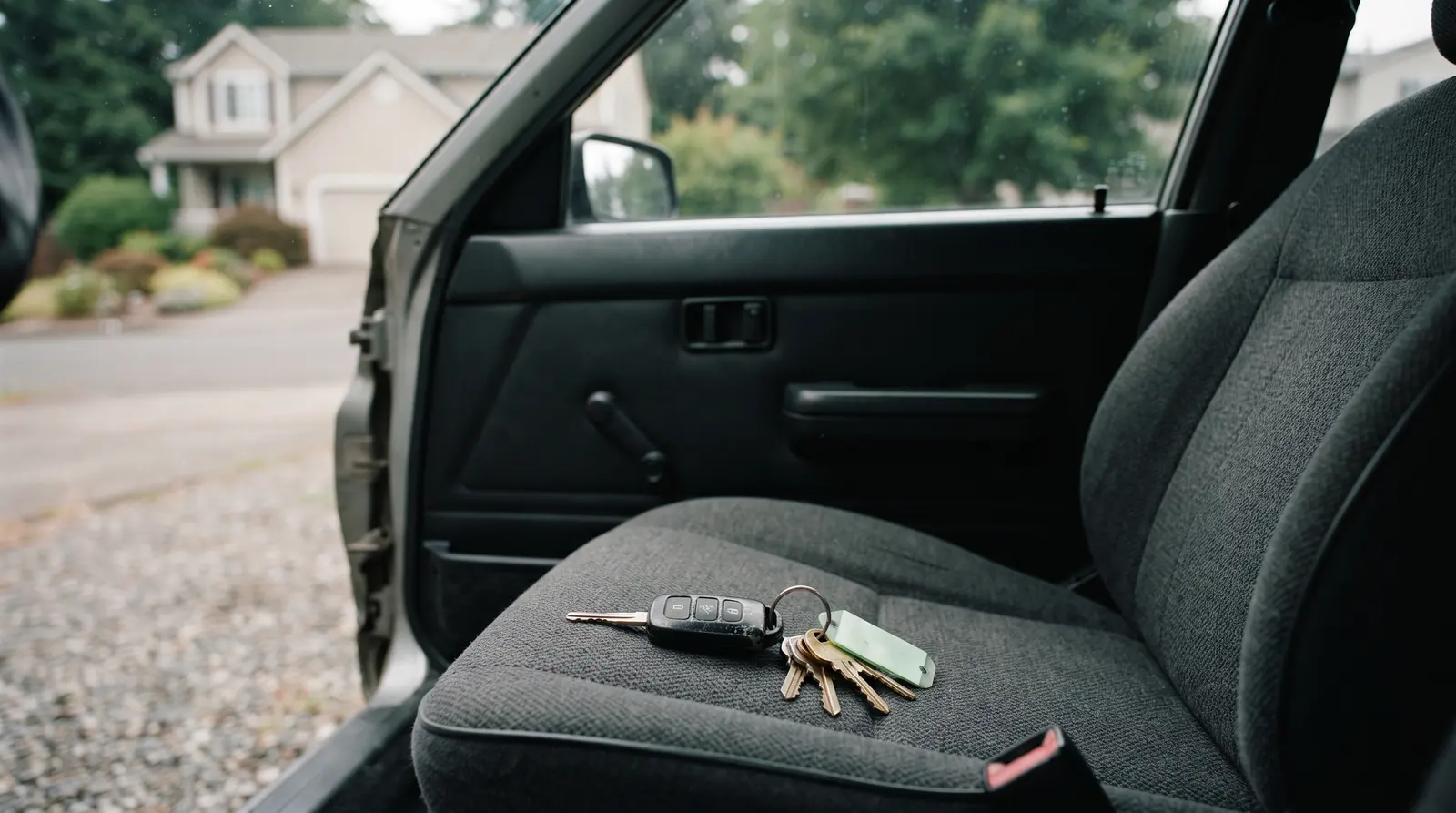 Car keys visible on the driver seat of a locked vehicle