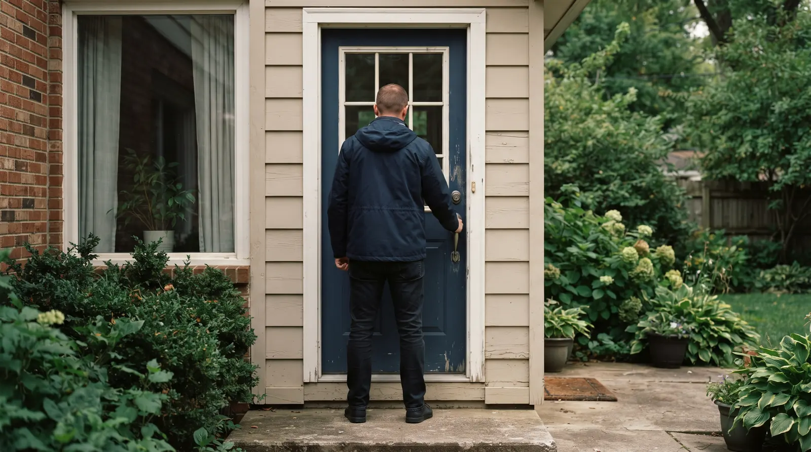 Person trying a back door handle after being locked out of a house