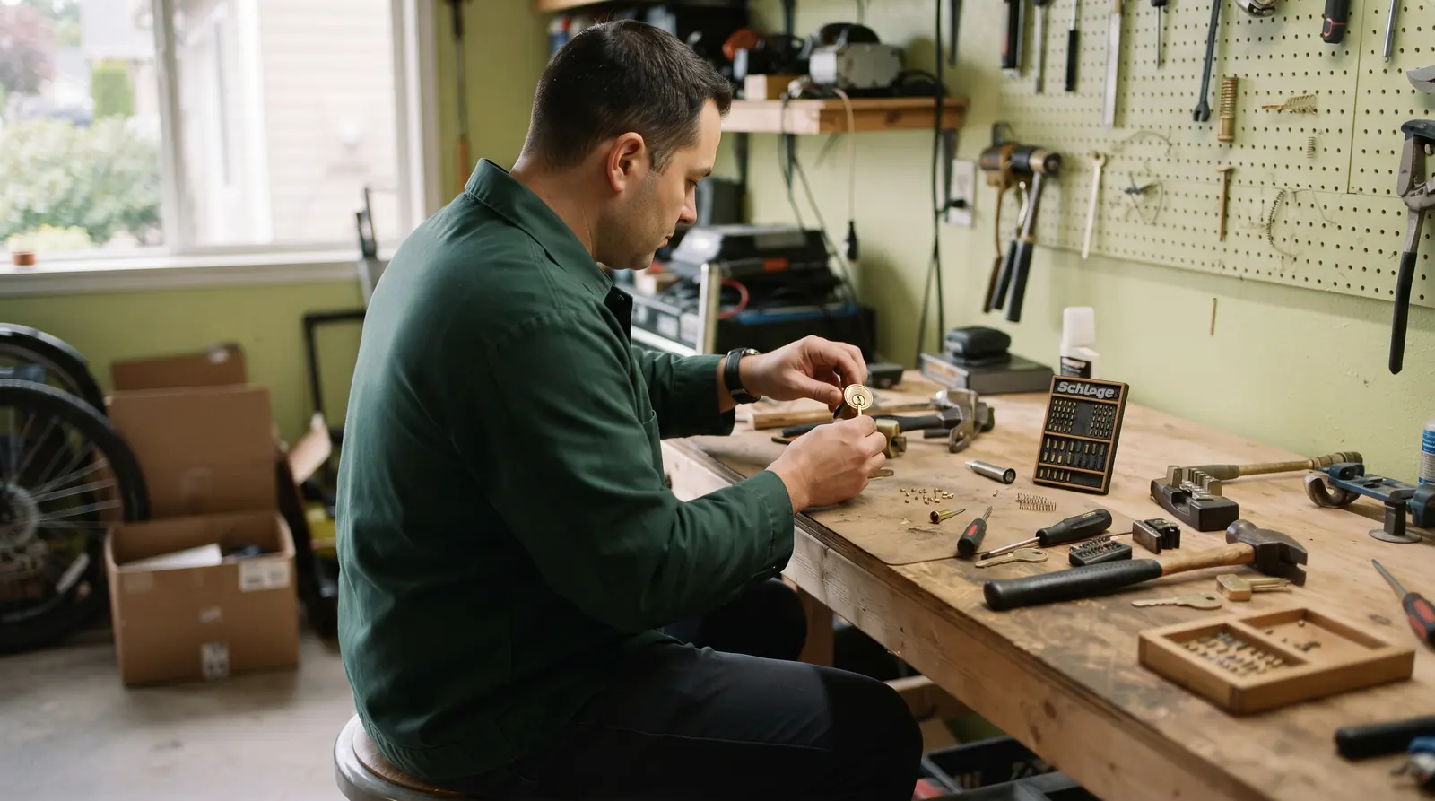 Locksmith rekeying a cylinder on a workbench with pins laid out