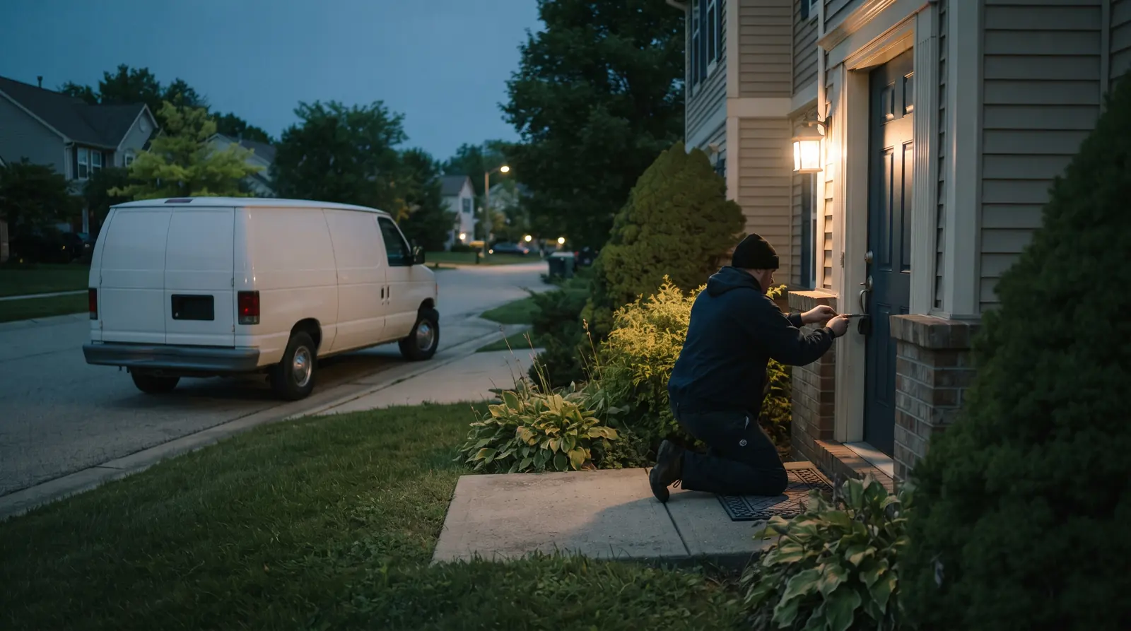 Locksmith van and technician at a residential front door at night