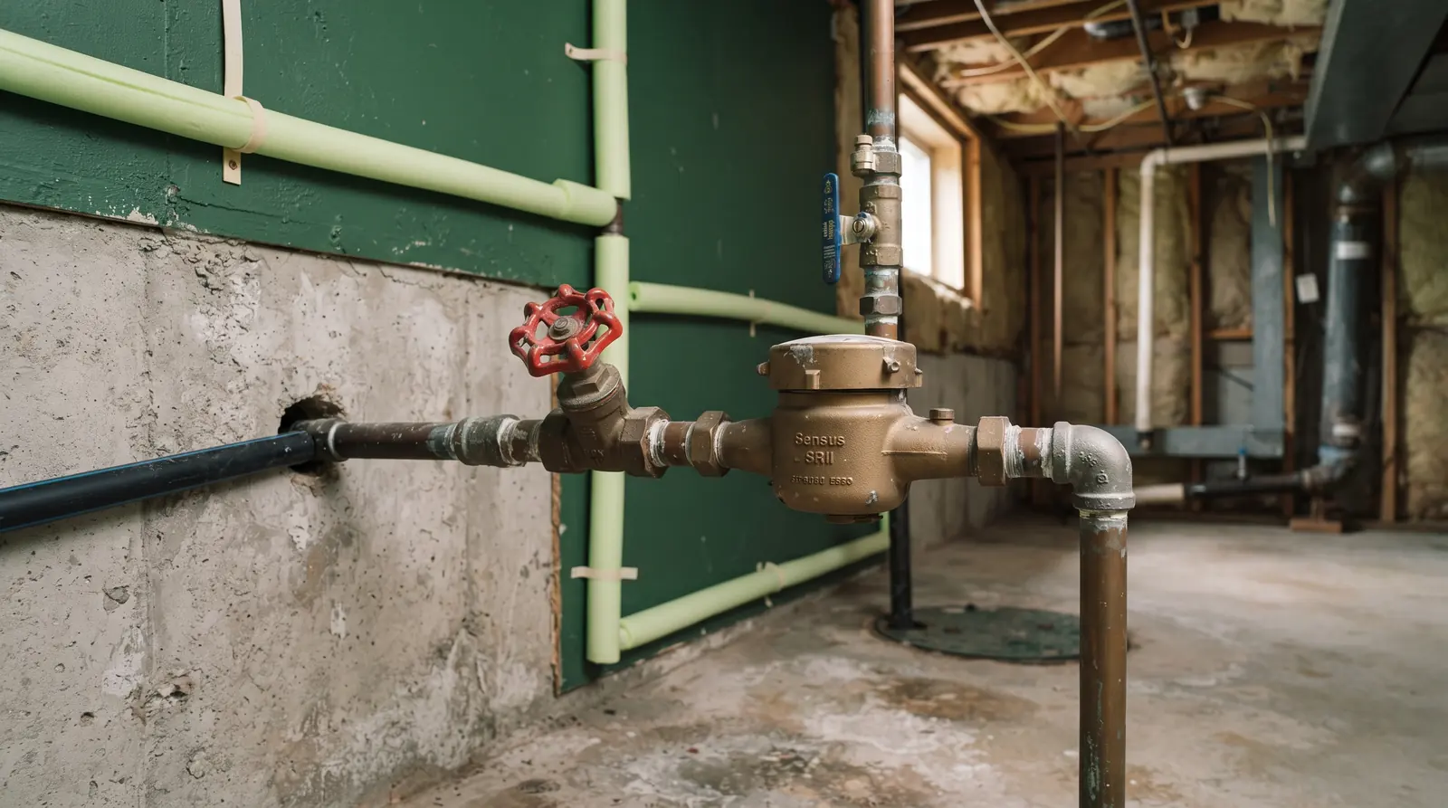 Main water shut-off valve and meter where the service line enters a basement