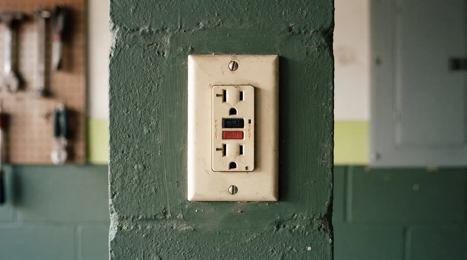 GFCI receptacle with test and reset buttons on a garage wall