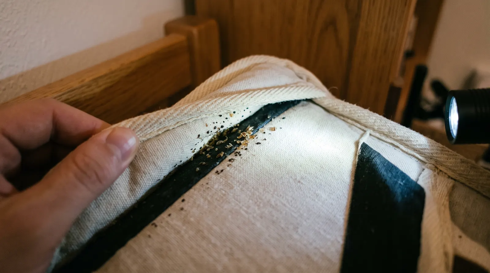 Mattress seam pulled back showing dark spotting along the piping