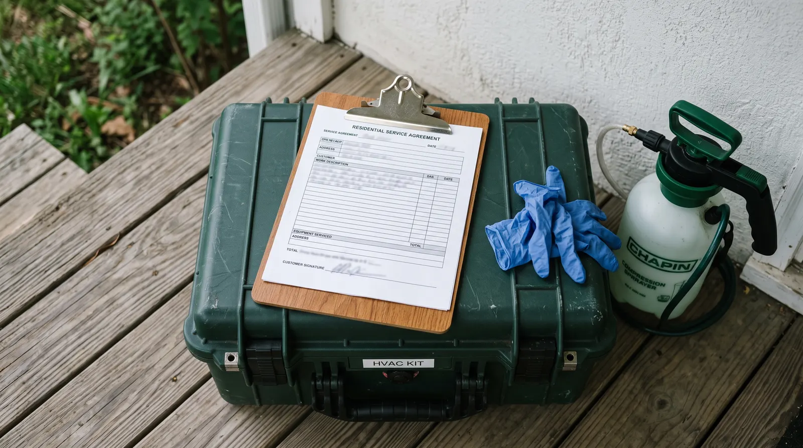 Pest control service agreement on a clipboard beside a sprayer and equipment