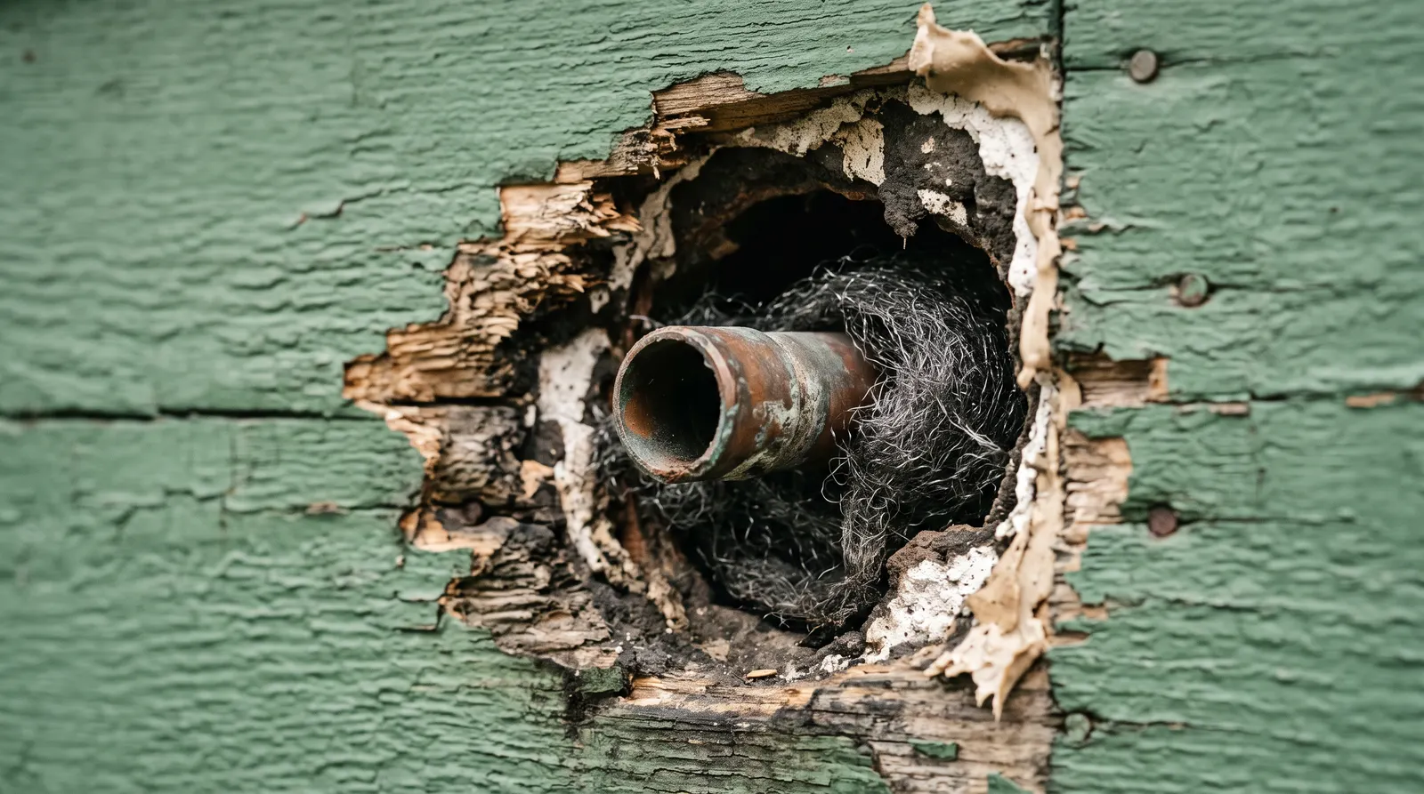Gnawed gap around a pipe penetration where it passes through an exterior wall