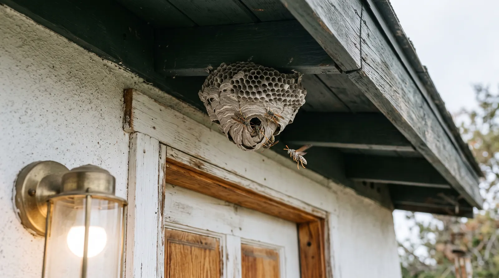 Paper wasp nest under an eave directly above a doorway with wasps at the entrance