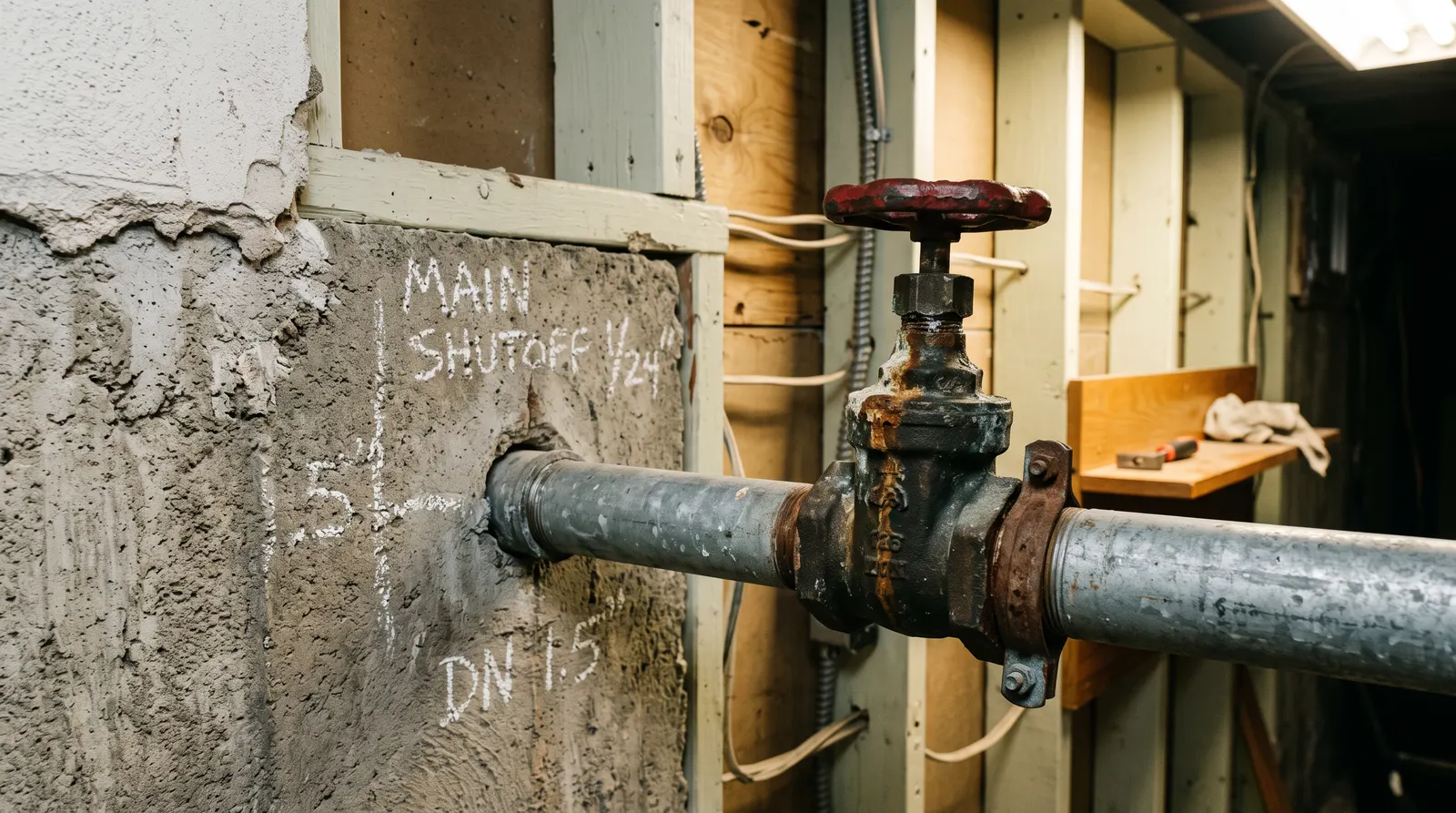 Older brass gate valve with a round wheel handle on a galvanised main line