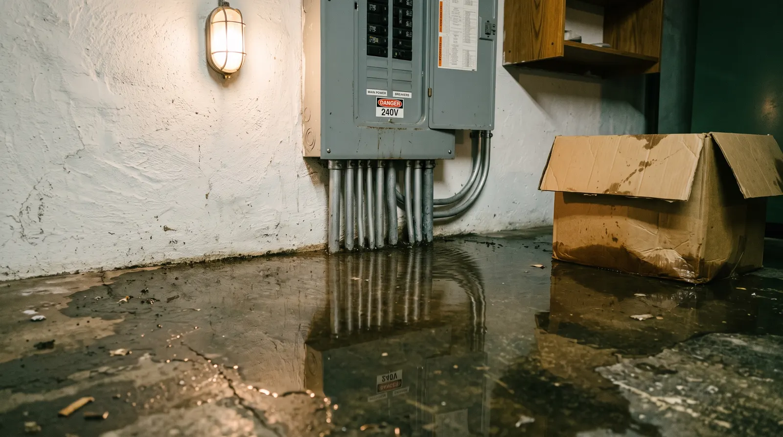 Standing water spreading across a basement floor toward the base of an electrical panel